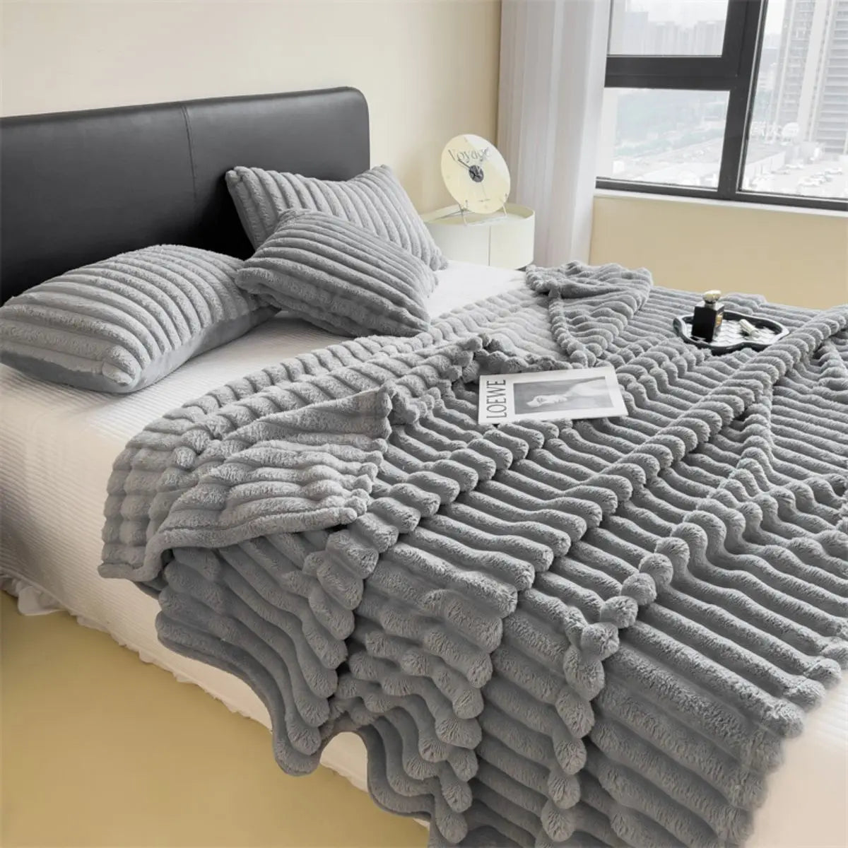 Striped Coral Fleece Blanket – Soft Multipurpose Throw for Bed, Sofa & Pets