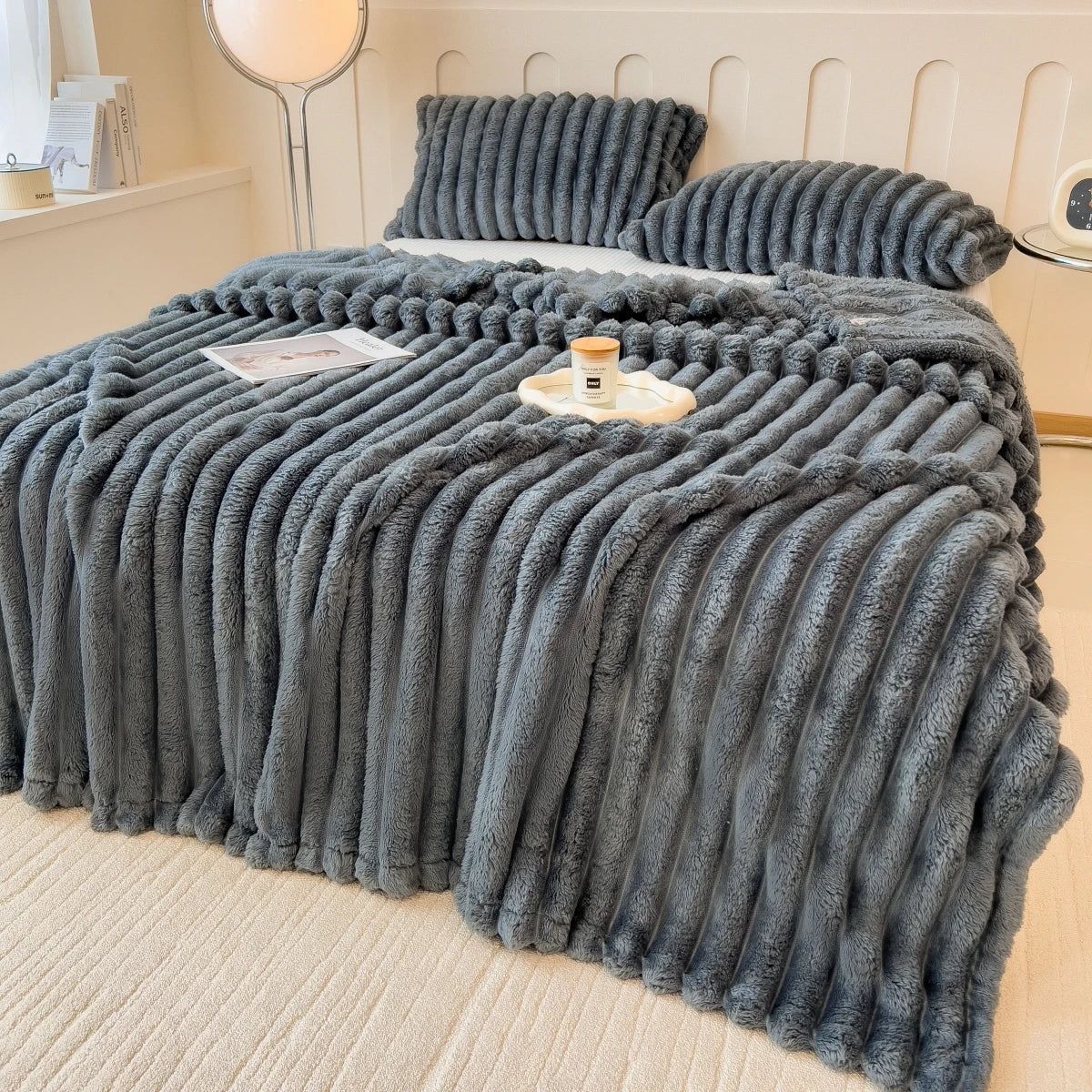 Striped Coral Fleece Blanket – Soft Multipurpose Throw for Bed, Sofa & Pets