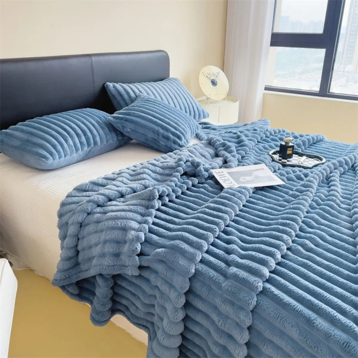 Striped Coral Fleece Blanket – Soft Multipurpose Throw for Bed, Sofa & Pets