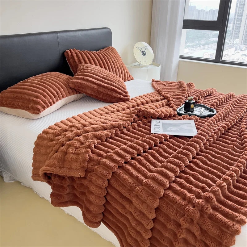 Striped Coral Fleece Blanket – Soft Multipurpose Throw for Bed, Sofa & Pets