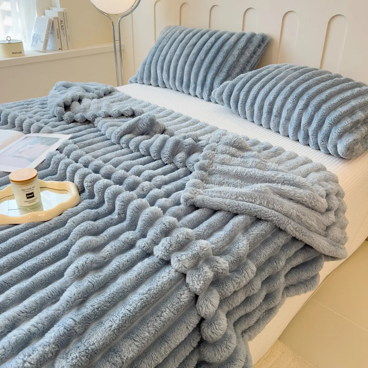 Striped Coral Fleece Blanket – Soft Multipurpose Throw for Bed, Sofa & Pets