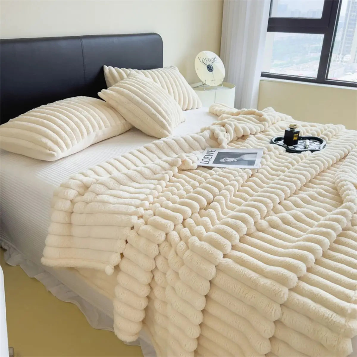 Striped Coral Fleece Blanket – Soft Multipurpose Throw for Bed, Sofa & Pets
