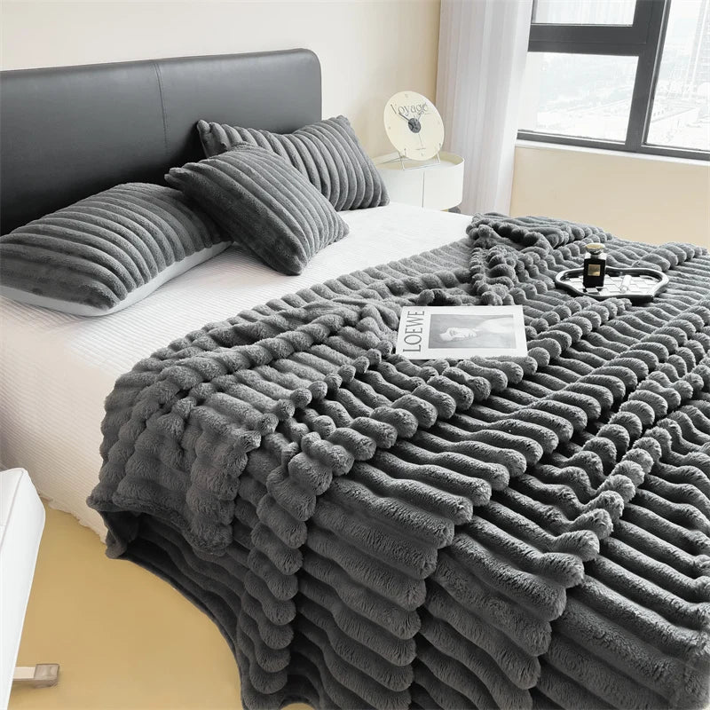 Striped Coral Fleece Blanket – Soft Multipurpose Throw for Bed, Sofa & Pets