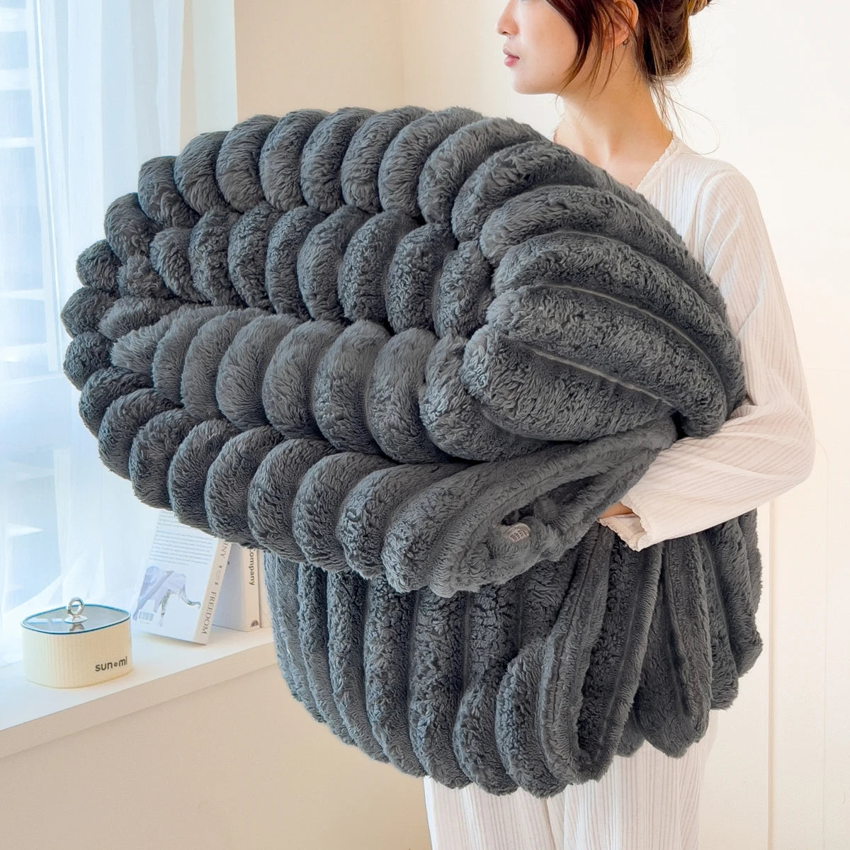 Striped Coral Fleece Blanket – Soft Multipurpose Throw for Bed, Sofa & Pets