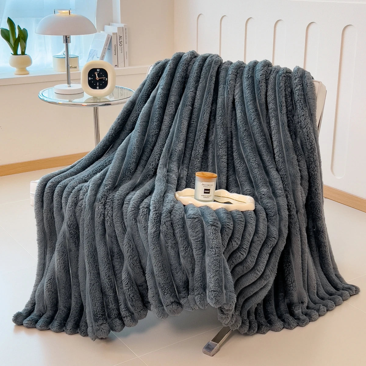 Striped Coral Fleece Blanket – Soft Multipurpose Throw for Bed, Sofa & Pets