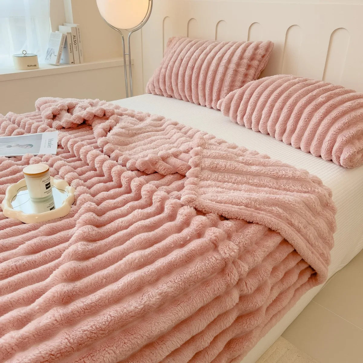 Striped Coral Fleece Blanket – Soft Multipurpose Throw for Bed, Sofa & Pets