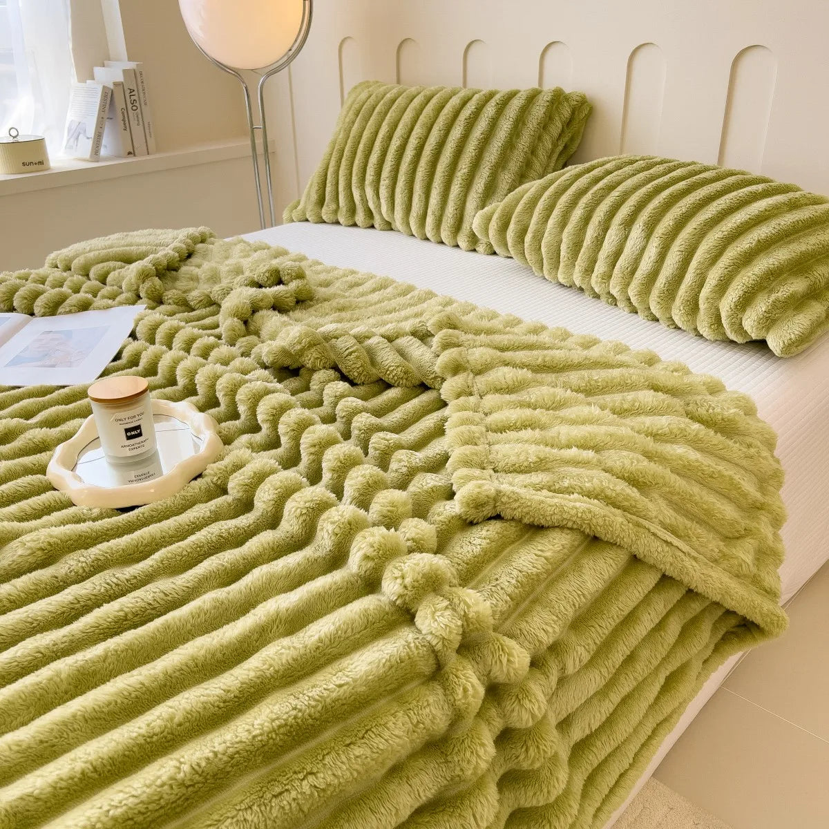 Striped Coral Fleece Blanket – Soft Multipurpose Throw for Bed, Sofa & Pets