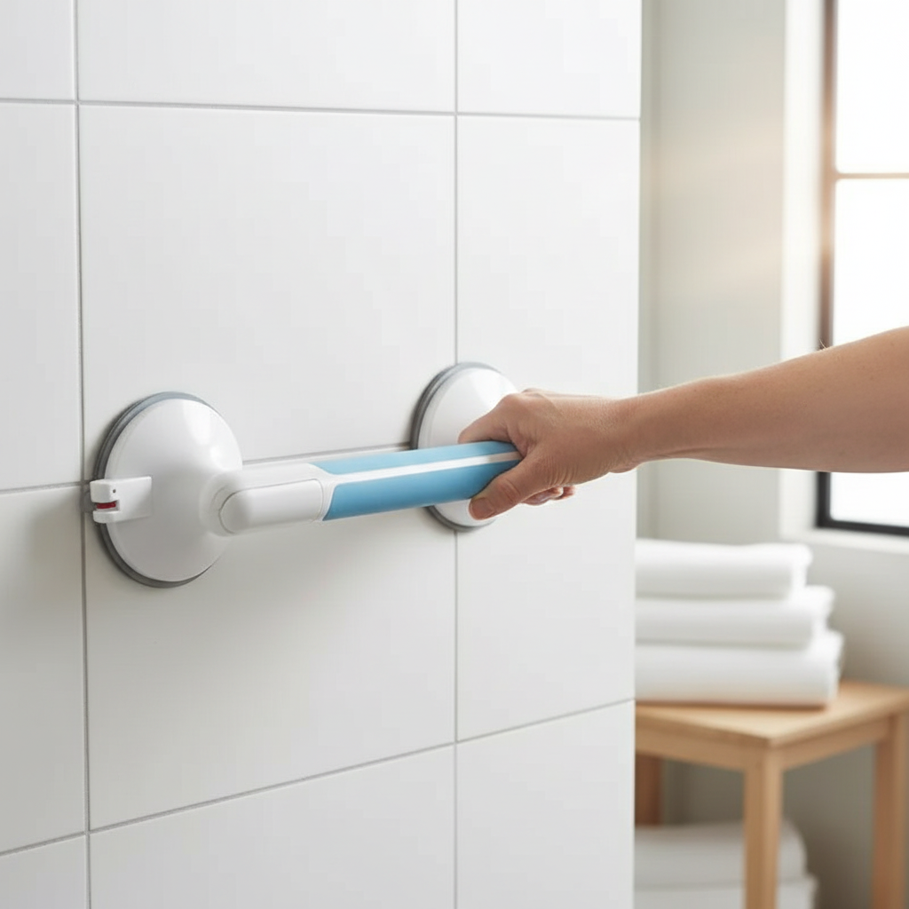 No-drill shower safety grab bar installed in a modern bathroom