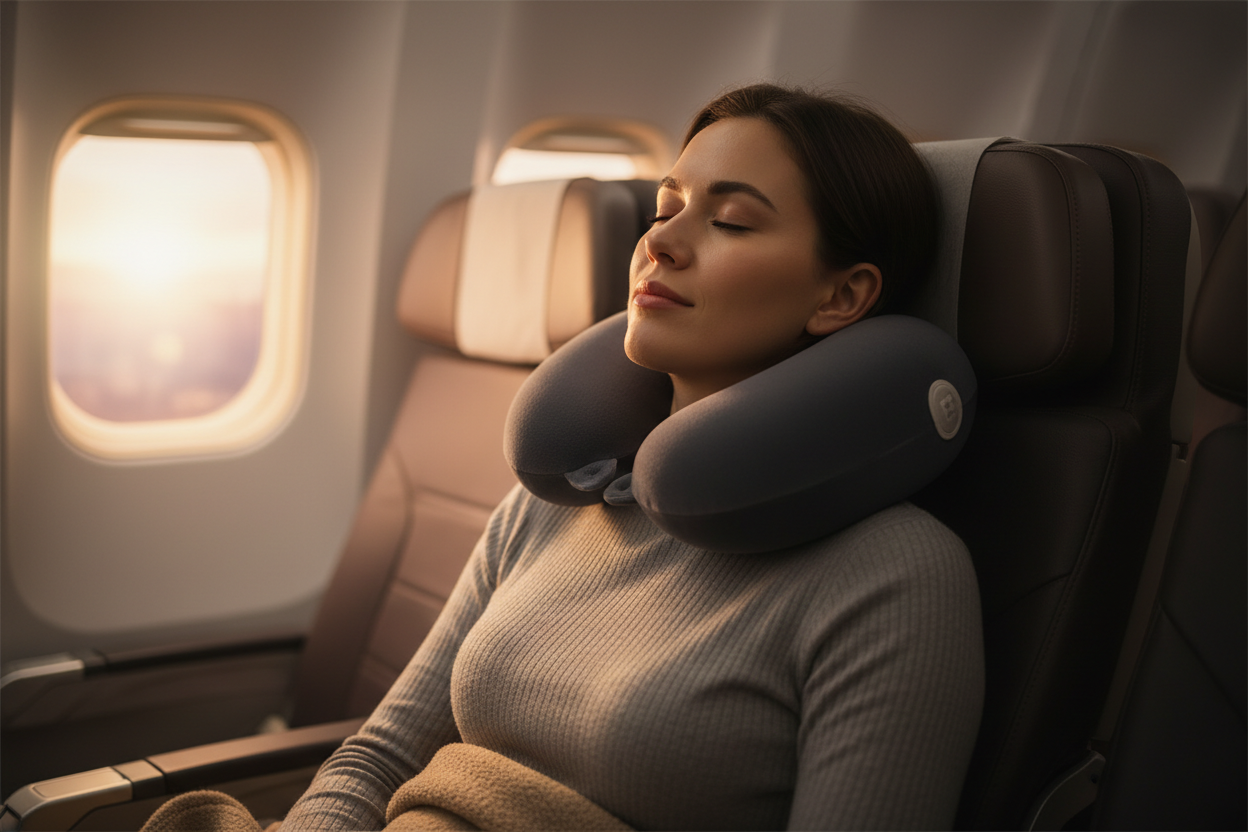 Memory foam travel neck pillow face forward angle on a plane