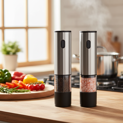 Silver electric salt and pepper grinder in a warm kitchen setting
