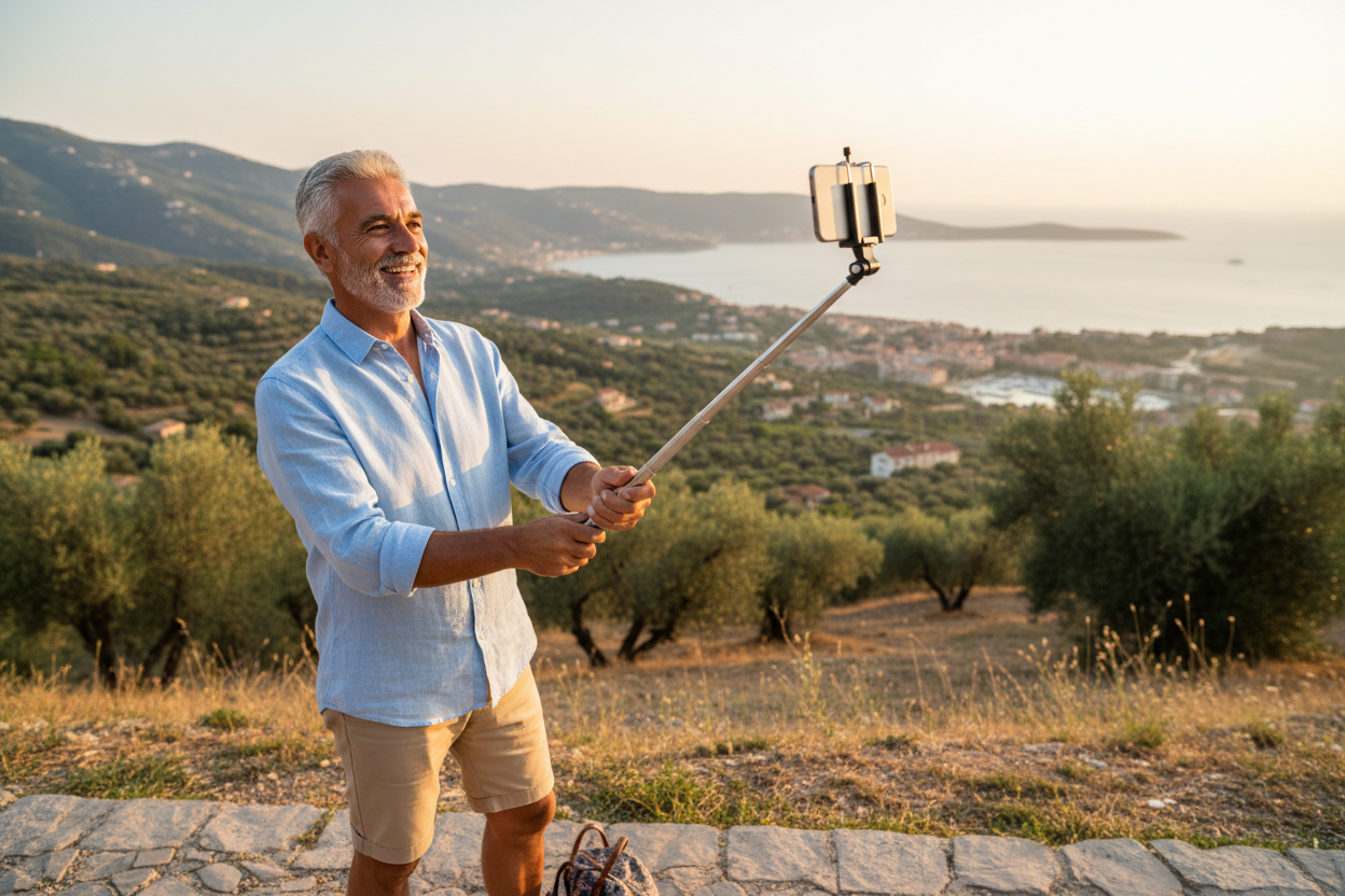 Person using extendable selfie stick tripod outdoors