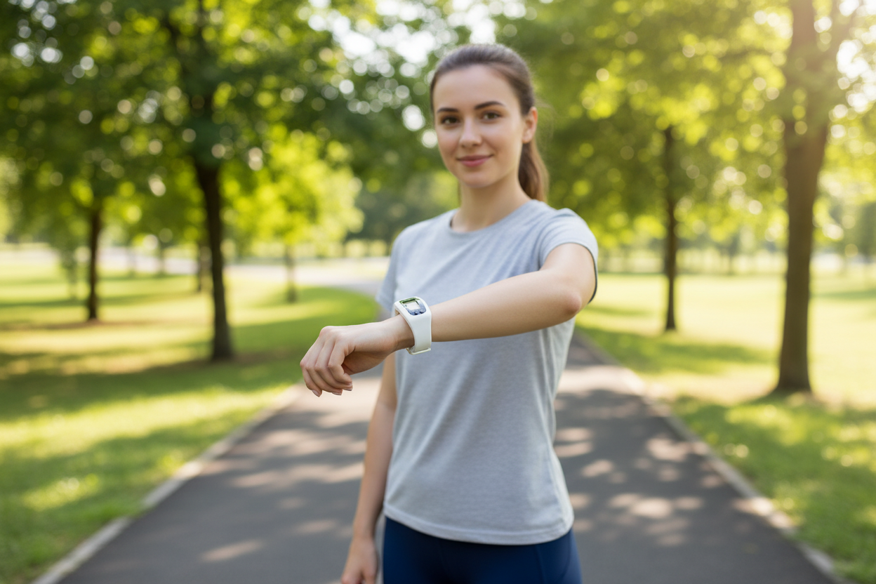 Woman wearing LED pedometer bracelet in park
